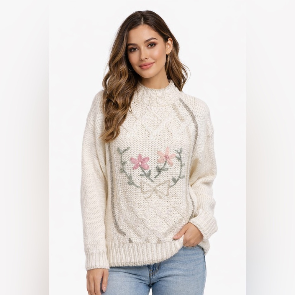 Vintage 80s Embroidered Flower Sweater Cozy Knit